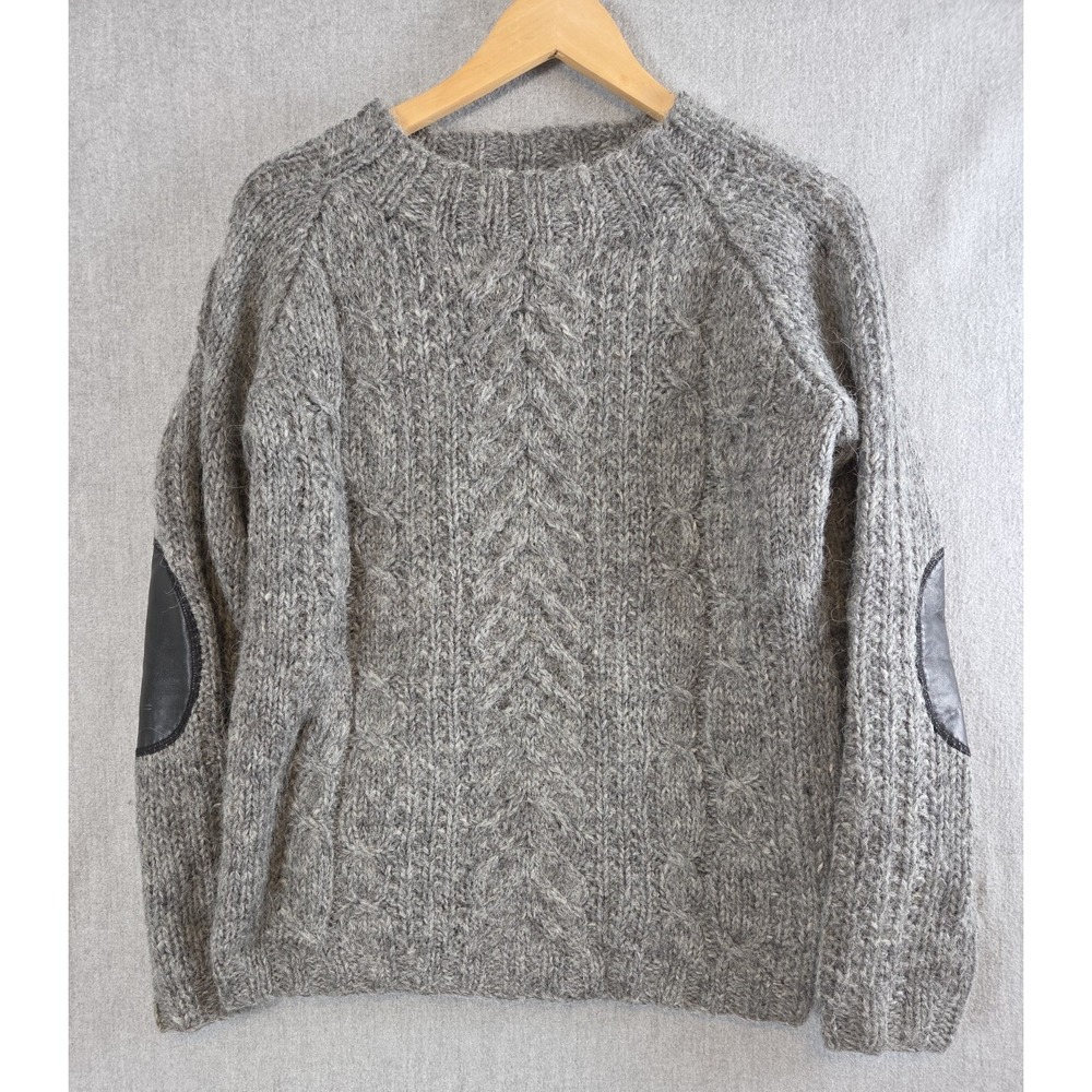 NORDIC STORE Iceland XS Hand Knit Pure Wool Pullover Sweater Elbow Patches Gray